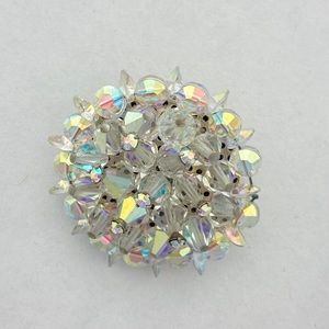 Vintage Crystal Brooch Aurora Borealis Clear Crystals Mid Century Rainbow